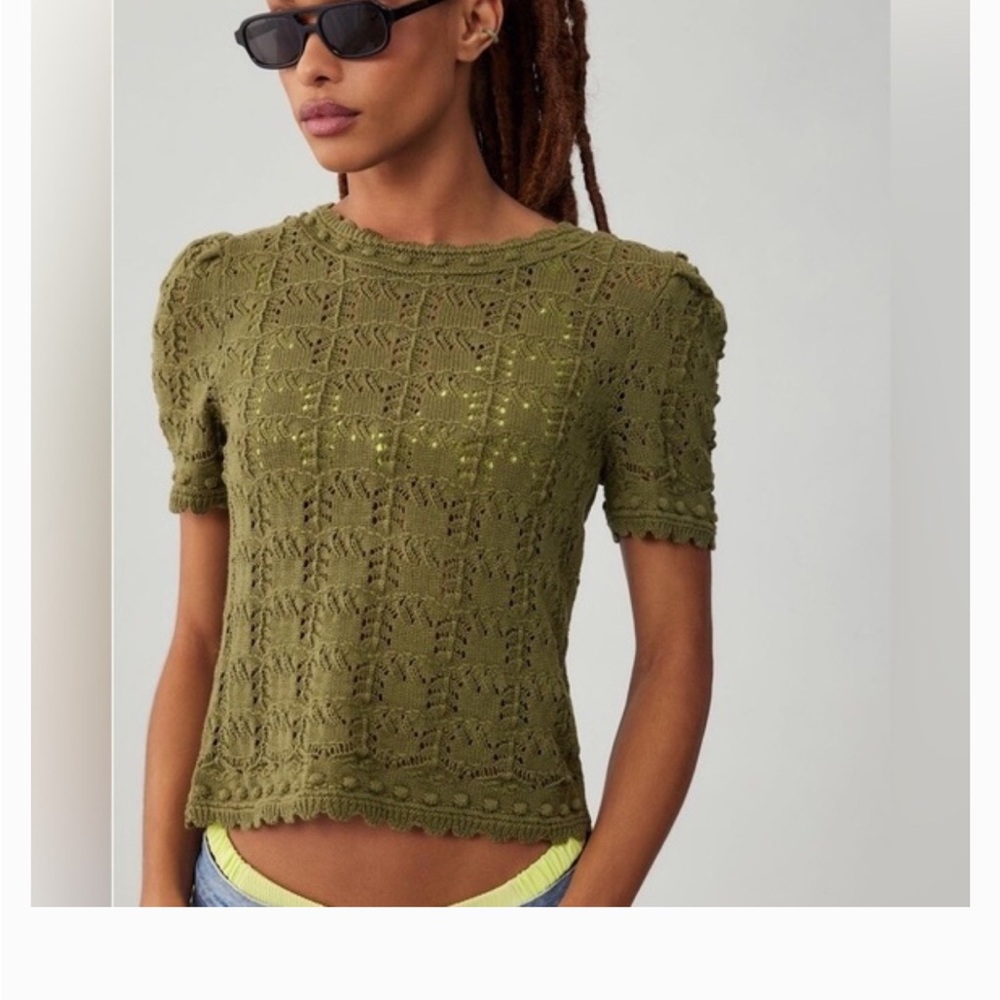 Anthropologie Olive Green Short-Sleeve Knit Eyelet Top